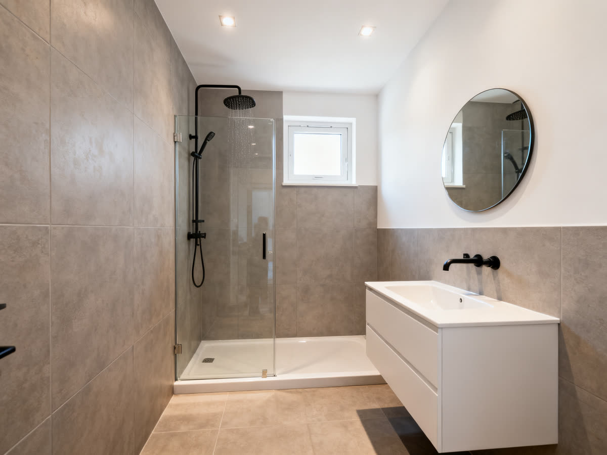 Baño reformado con plato de ducha, mampara de cristal y mueble de lavabo suspendido