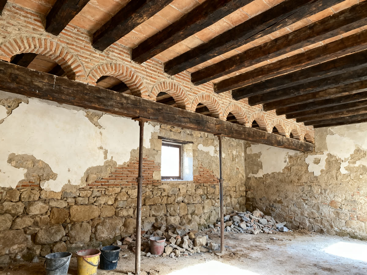 Casa antigua en reforma, con el muro de carga de piedra y el techo de vigas de madera y revoltones al descubierto