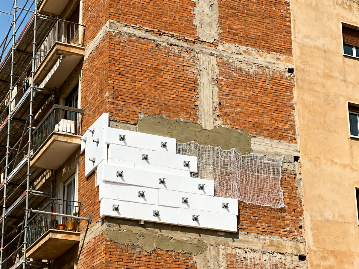 Fachada de ladrillo de un bloque de viviendas durante la colocación del aislamiento SATE, con placas y malla